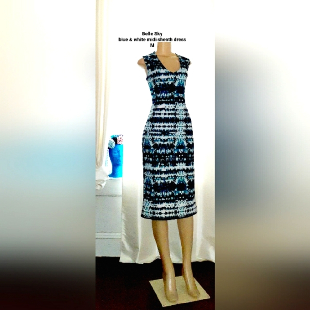 Belle Sky Blue & White Midi Sheath Dress M